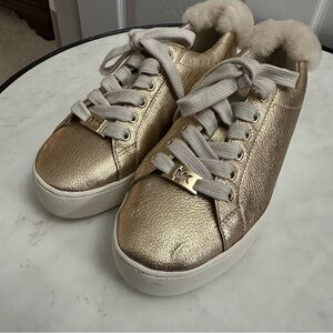 Michael Kors Metallic Gold Leather Fur-Lined Platform Sneakers. Size 5.5 M